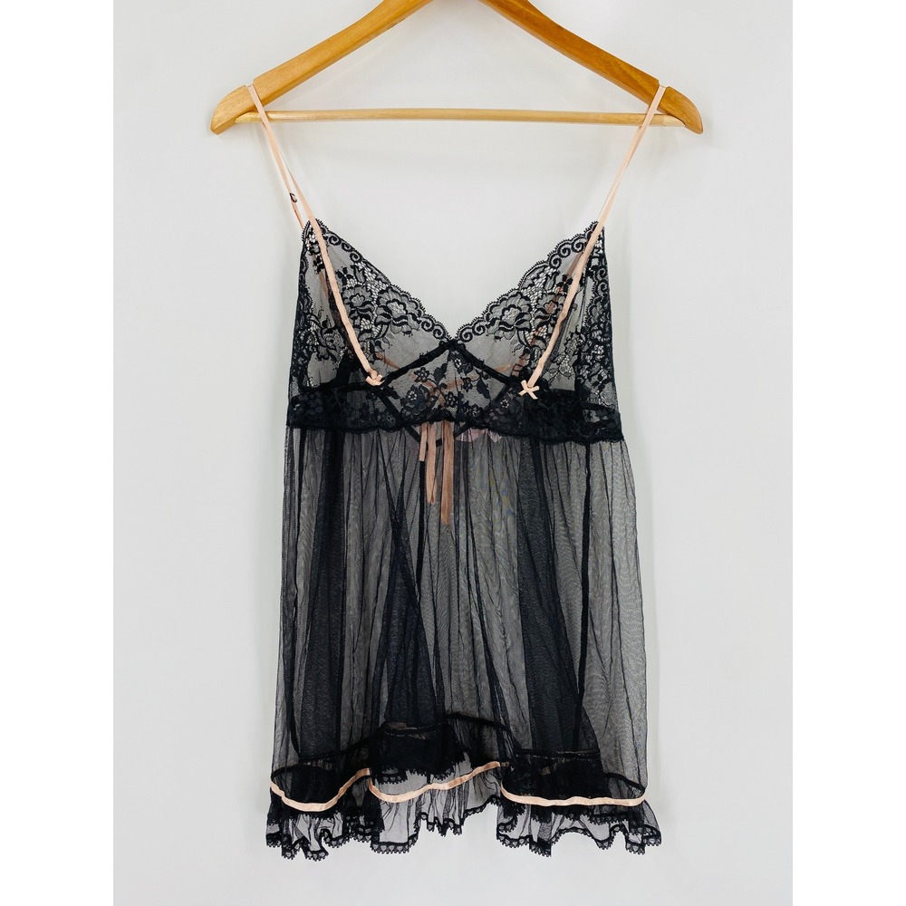 Victoria's Secret Babydoll 2002 Y2K Small Black Lace Mesh Ribbon Bow Lingerie